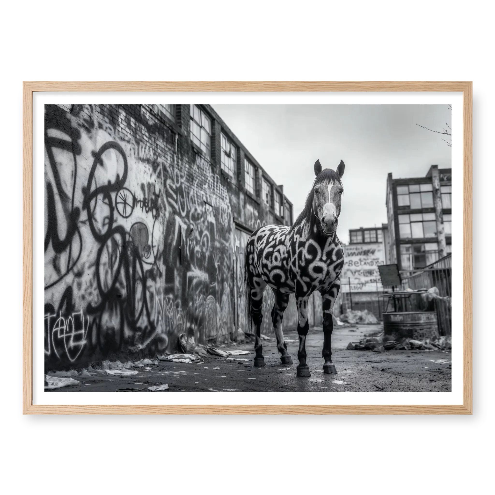 Full body shot of a horse with graffiti patterns painted on its coat standing in a gritty urban alleyway covered in street art, black and white art print titled Wild West in natural oak frame