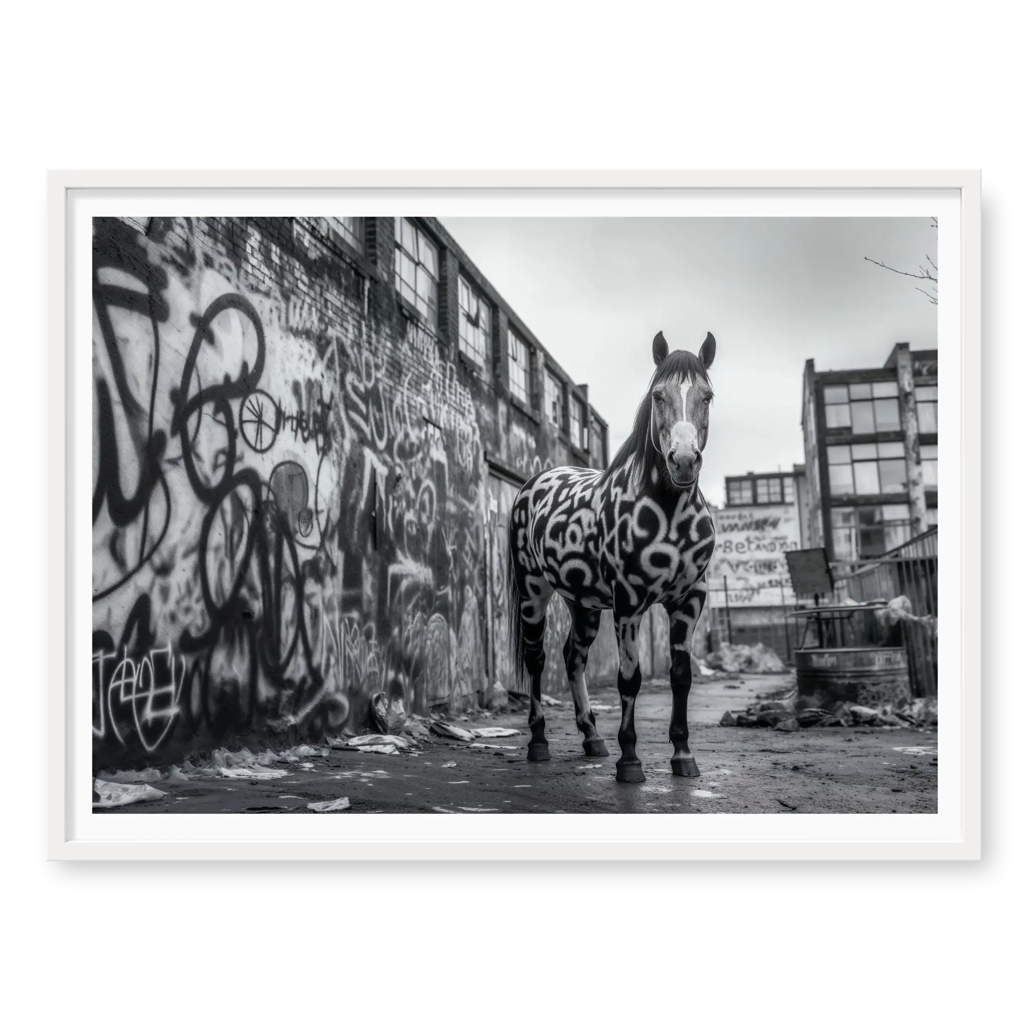 Full body shot of a horse with graffiti patterns painted on its coat standing in a gritty urban alleyway covered in street art, black and white art print titled Wild West in white frame
