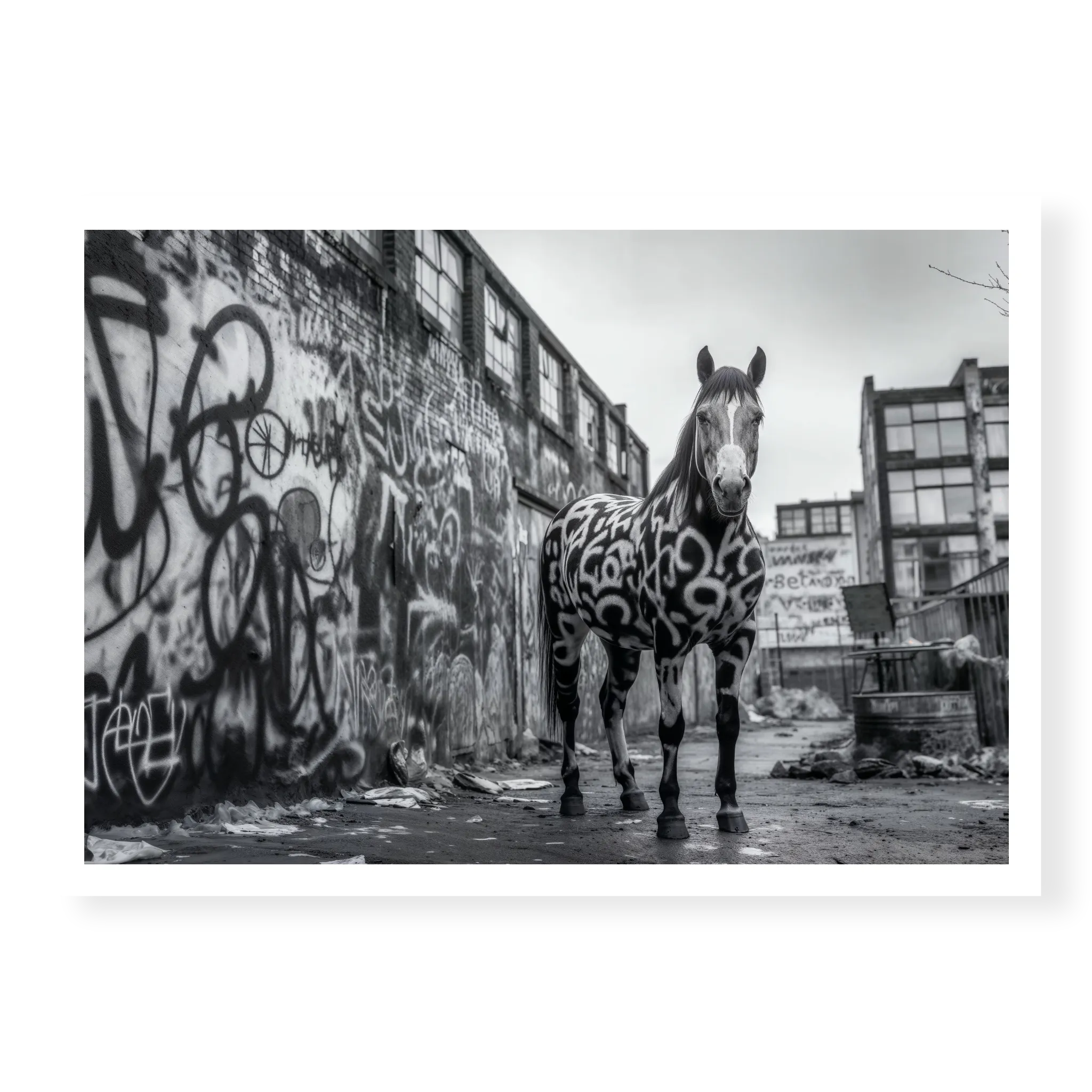 Full body shot of a horse with graffiti patterns painted on its coat standing in a gritty urban alleyway covered in street art, black and white art print titled Wild West