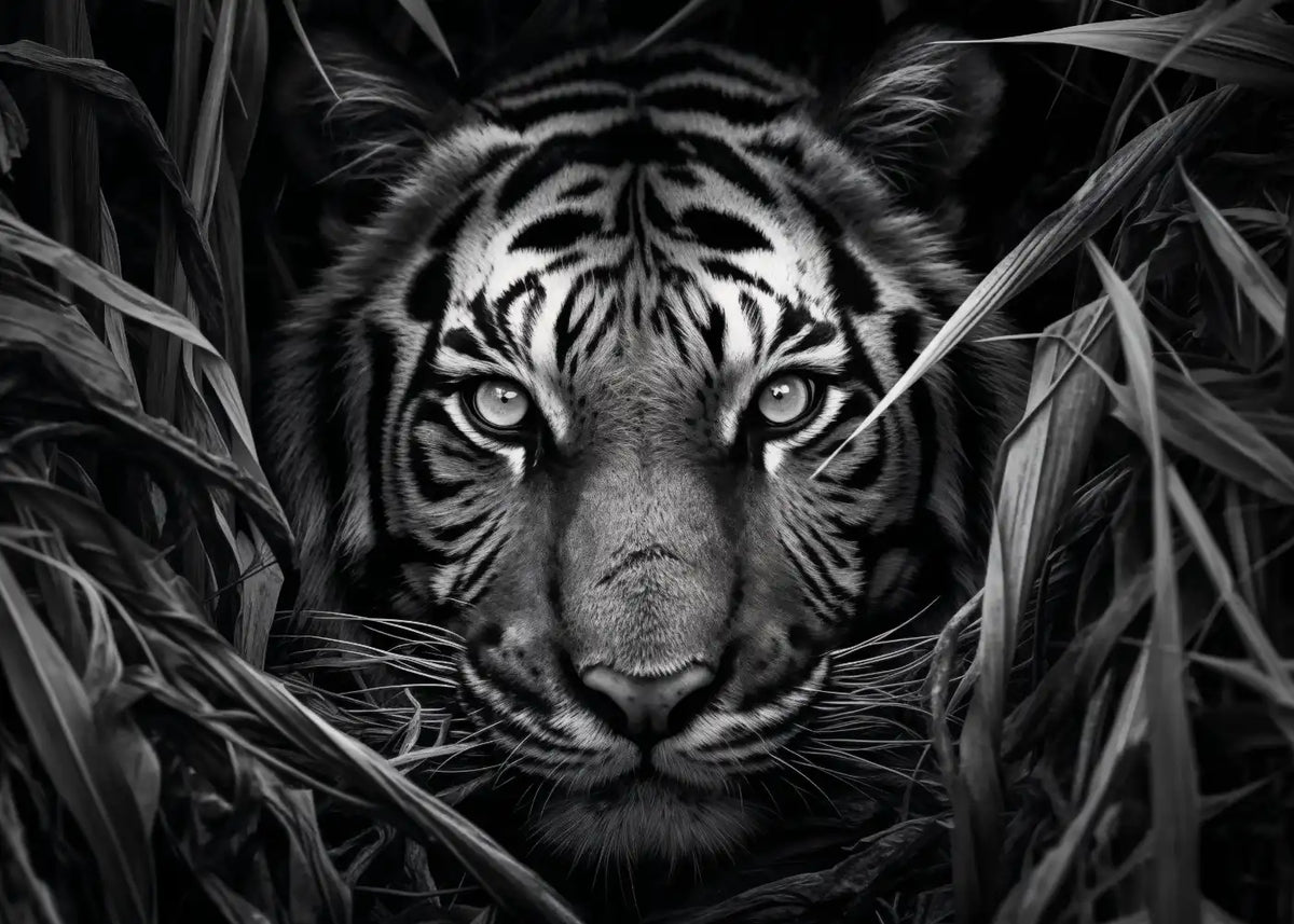 Black-and-white close-up of a tiger looking through jungle leaves, displayed as framed wildlife wall art.