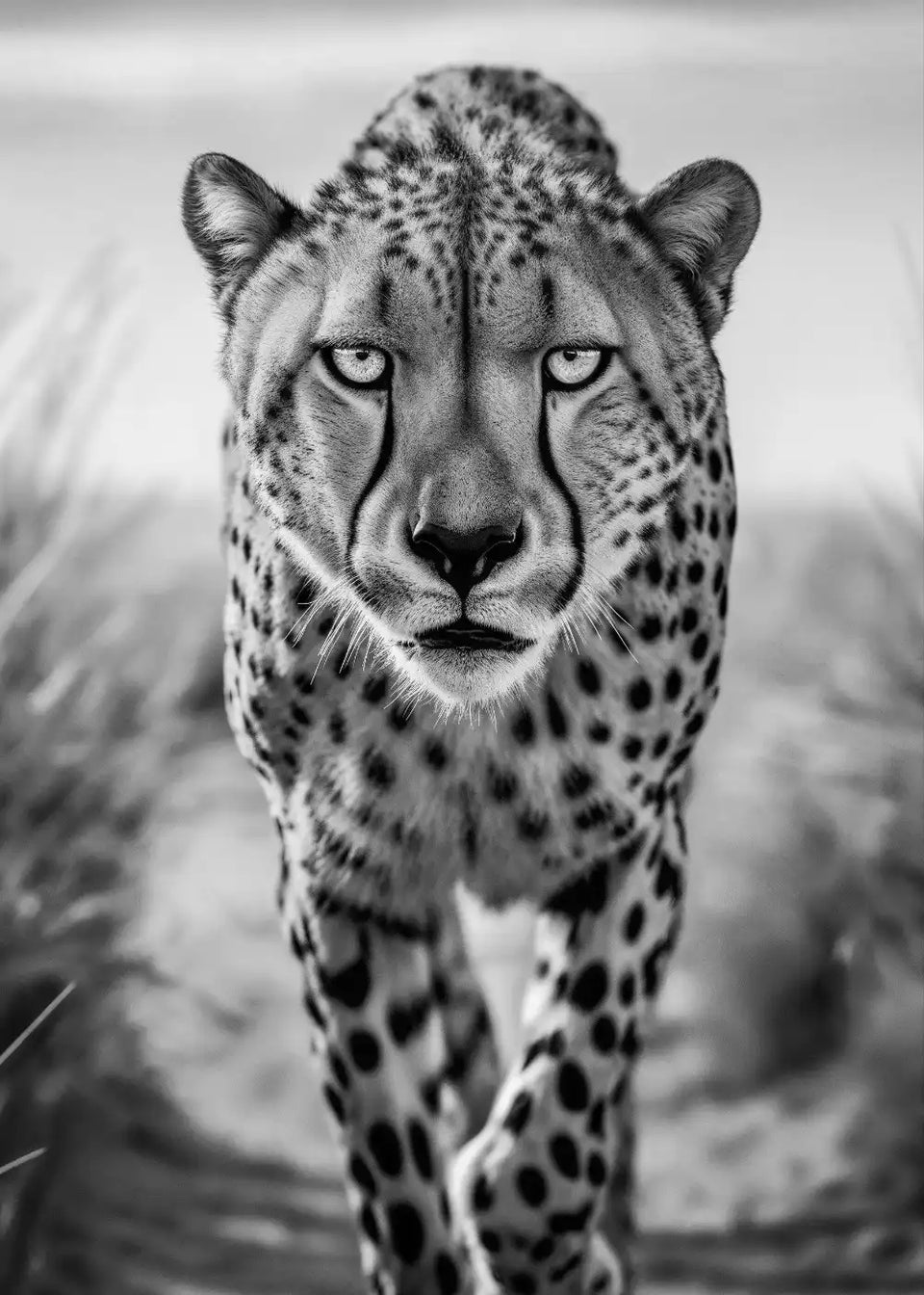 Black-and-white cheetah walking towards the viewer through grass, displayed in a black frame.